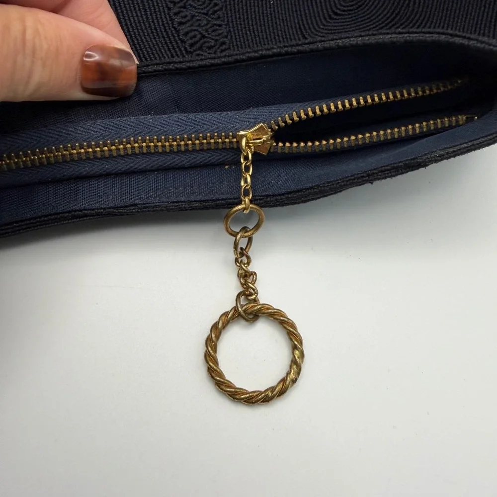 Vintage 1940s Corde Navy Blue Genuine Clutch Evening Bag Brass Zipper Ring Pull